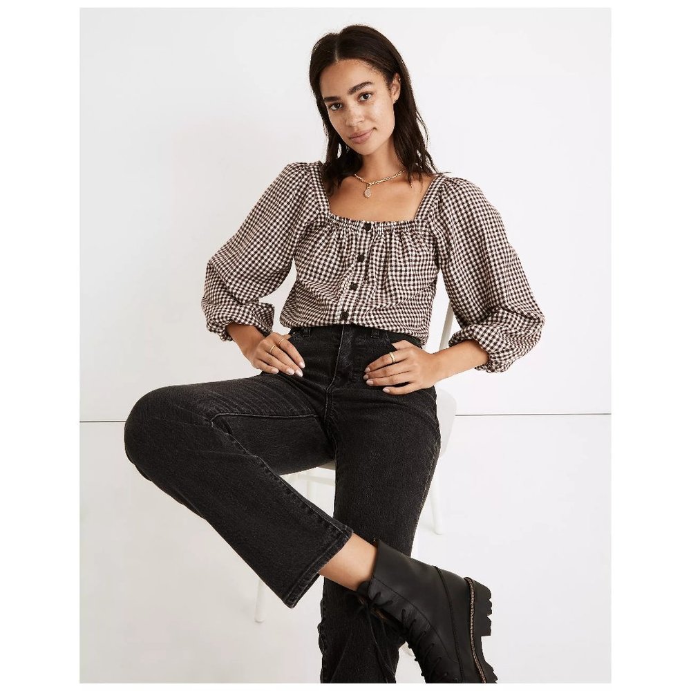 [NWT] Madewell Gingham Crop Puff Sleeve Button Down Blouse